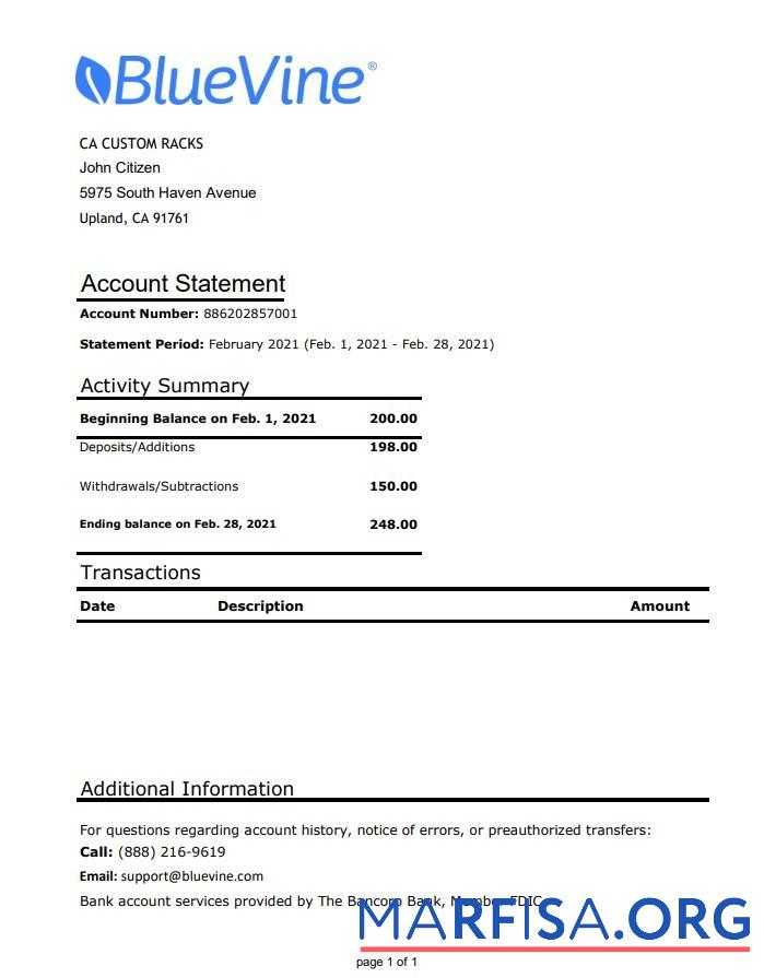 Printable USA California BlueVine bank statement excel real example